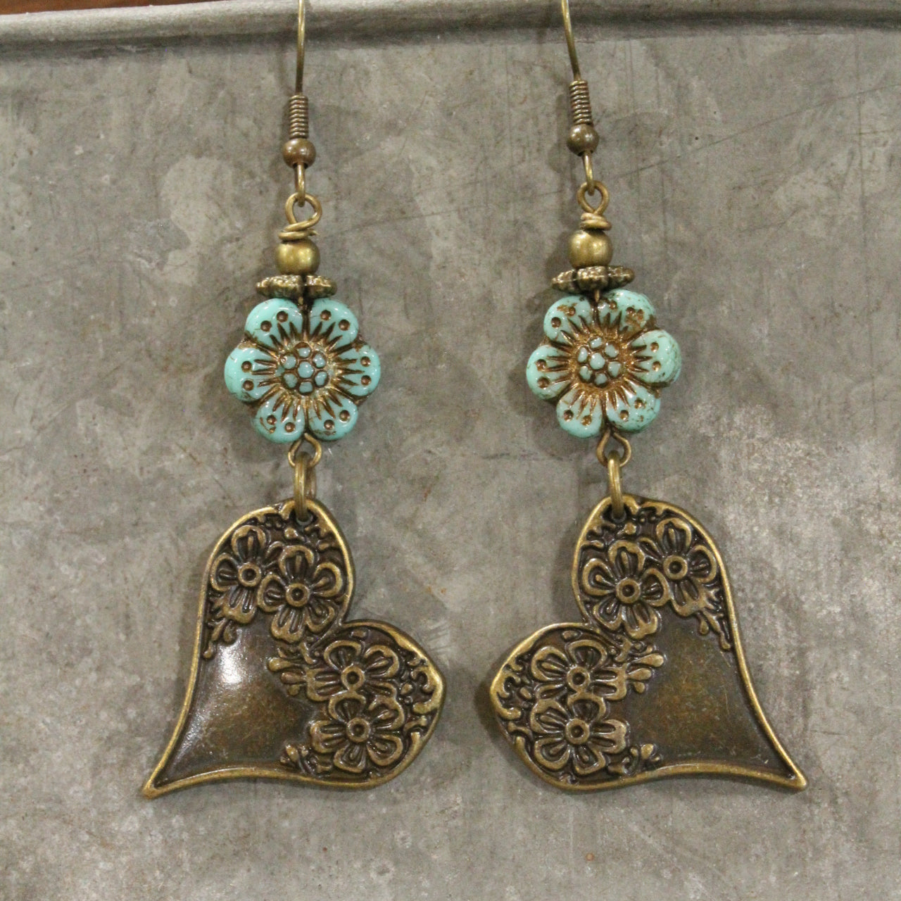 Czech & Bronze Mint Heart Charm Dangle Earrings