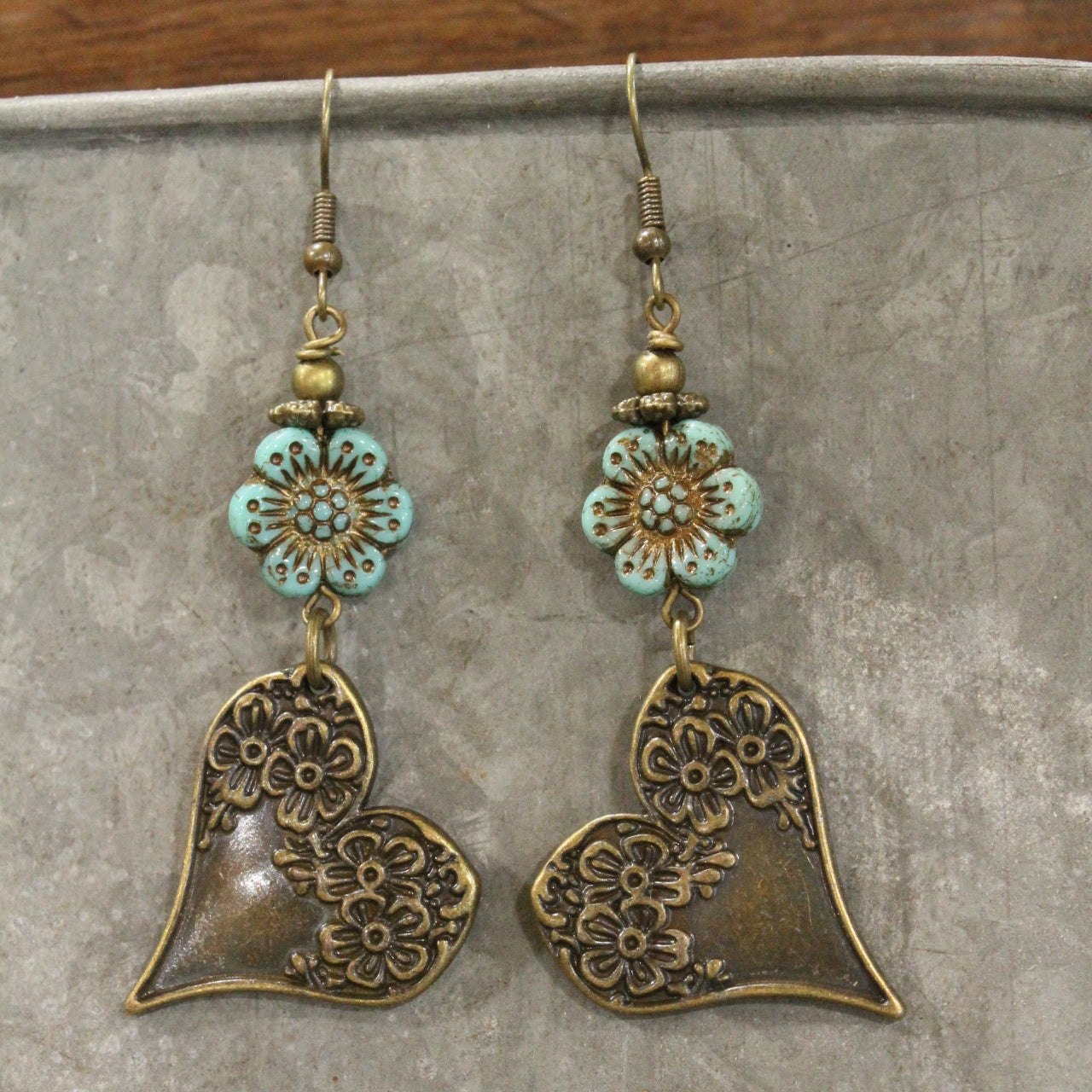 Czech & Bronze Mint Heart Charm Dangle Earrings