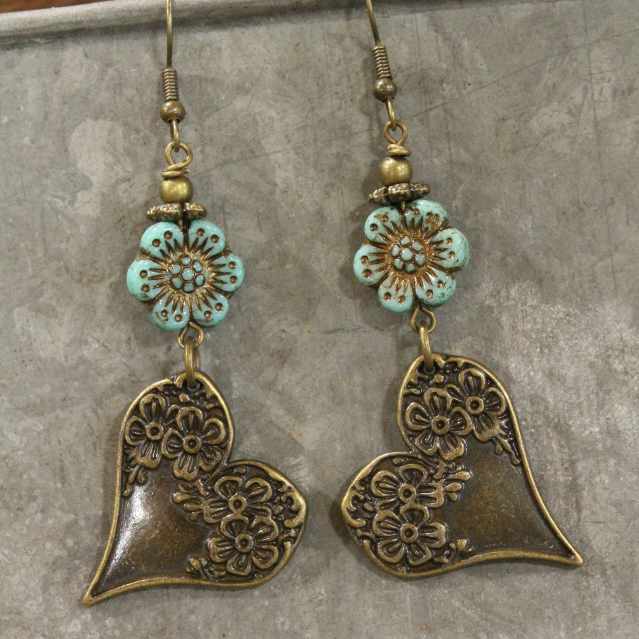 Czech & Bronze Mint Heart Charm Dangle Earrings