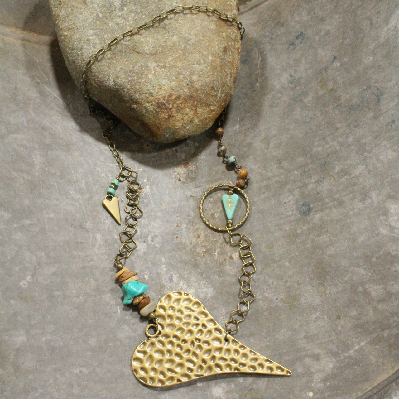 Bronze & Czech Turquoise Heart Necklace