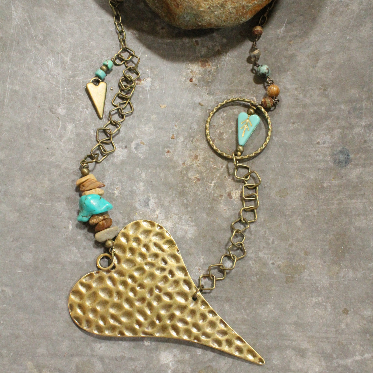 Bronze & Czech Turquoise Heart Necklace