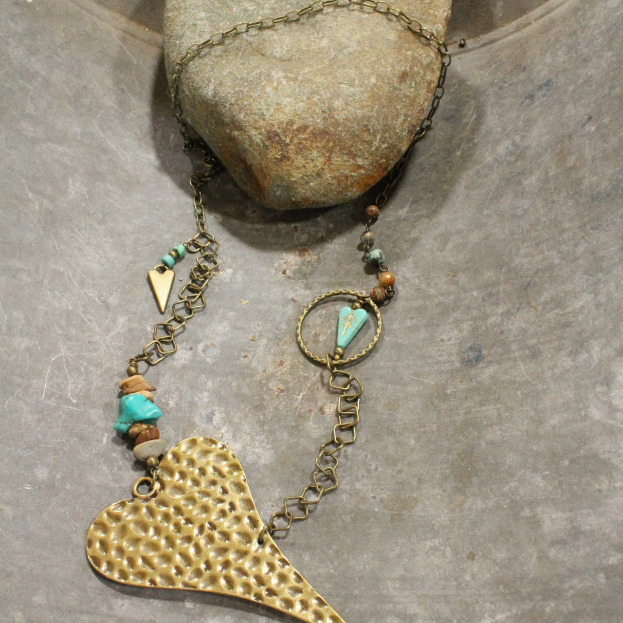 Bronze & Czech Turquoise Heart Necklace