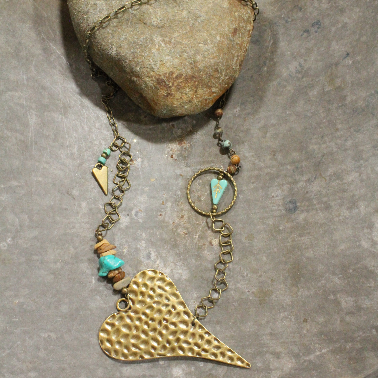 Bronze & Czech Turquoise Heart Necklace