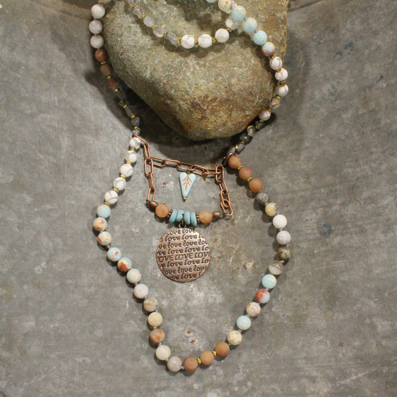 Copper & Beaded Chain Love Necklace