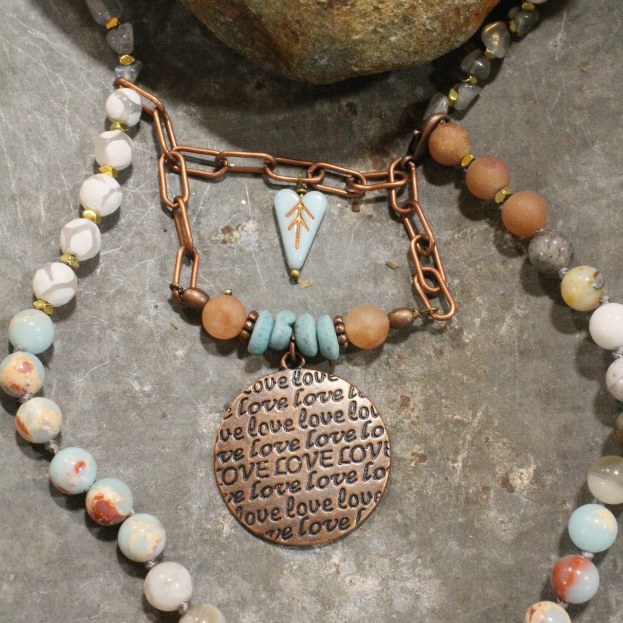 Copper & Beaded Chain Love Necklace