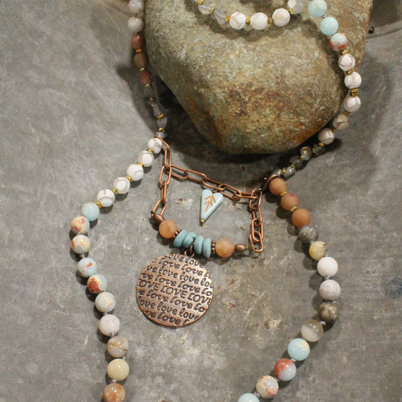 Copper & Beaded Chain Love Necklace