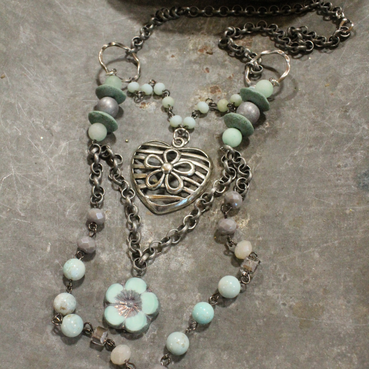 Platinum Heart Flower Pendant With Layers Of Mint Stone & Glass Czech Necklace