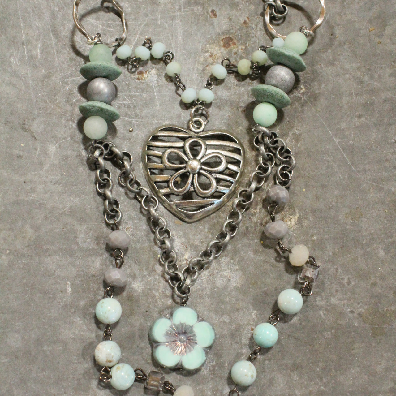 Platinum Heart Flower Pendant With Layers Of Mint Stone & Glass Czech Necklace