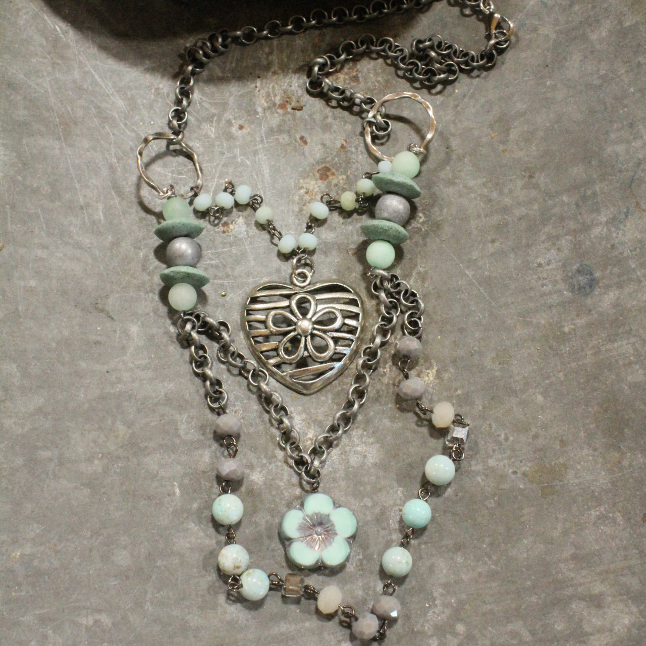 Platinum Heart Flower Pendant With Layers Of Mint Stone & Glass Czech Necklace