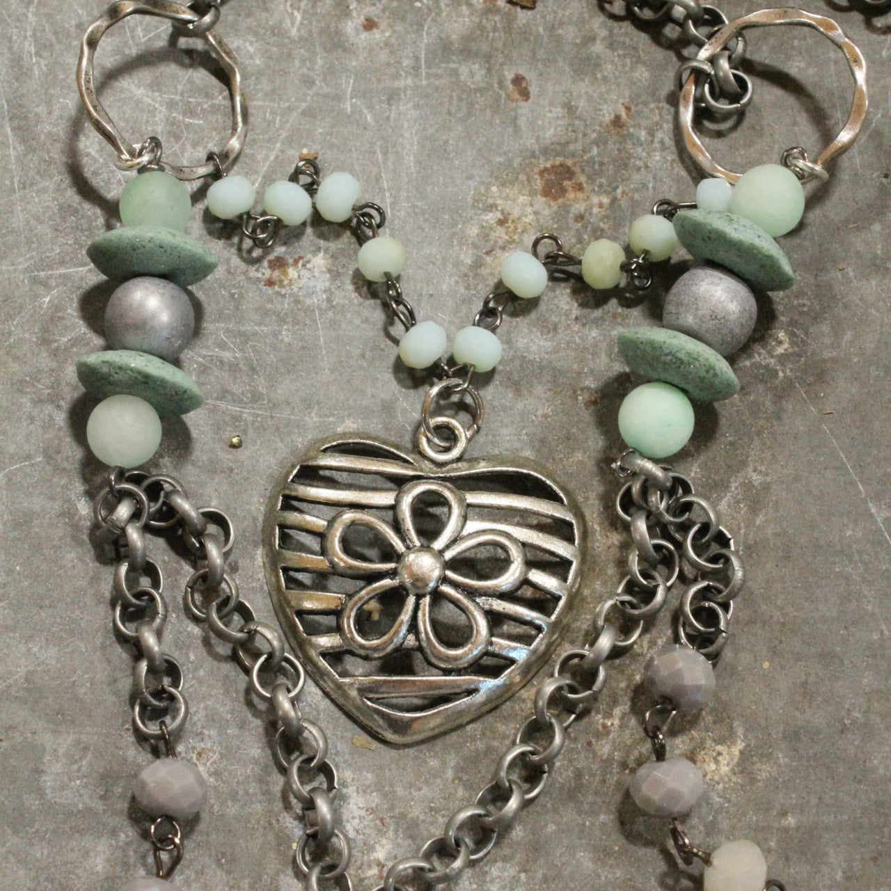 Platinum Heart Flower Pendant With Layers Of Mint Stone & Glass Czech Necklace