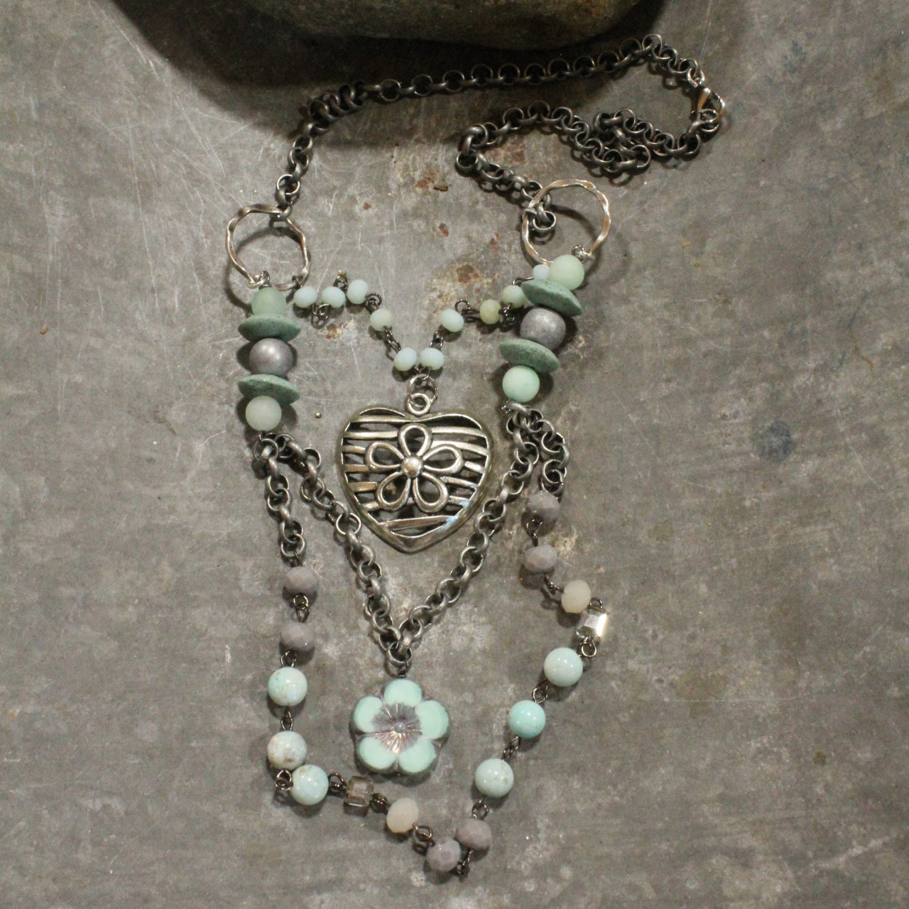 Platinum Heart Flower Pendant With Layers Of Mint Stone & Glass Czech Necklace