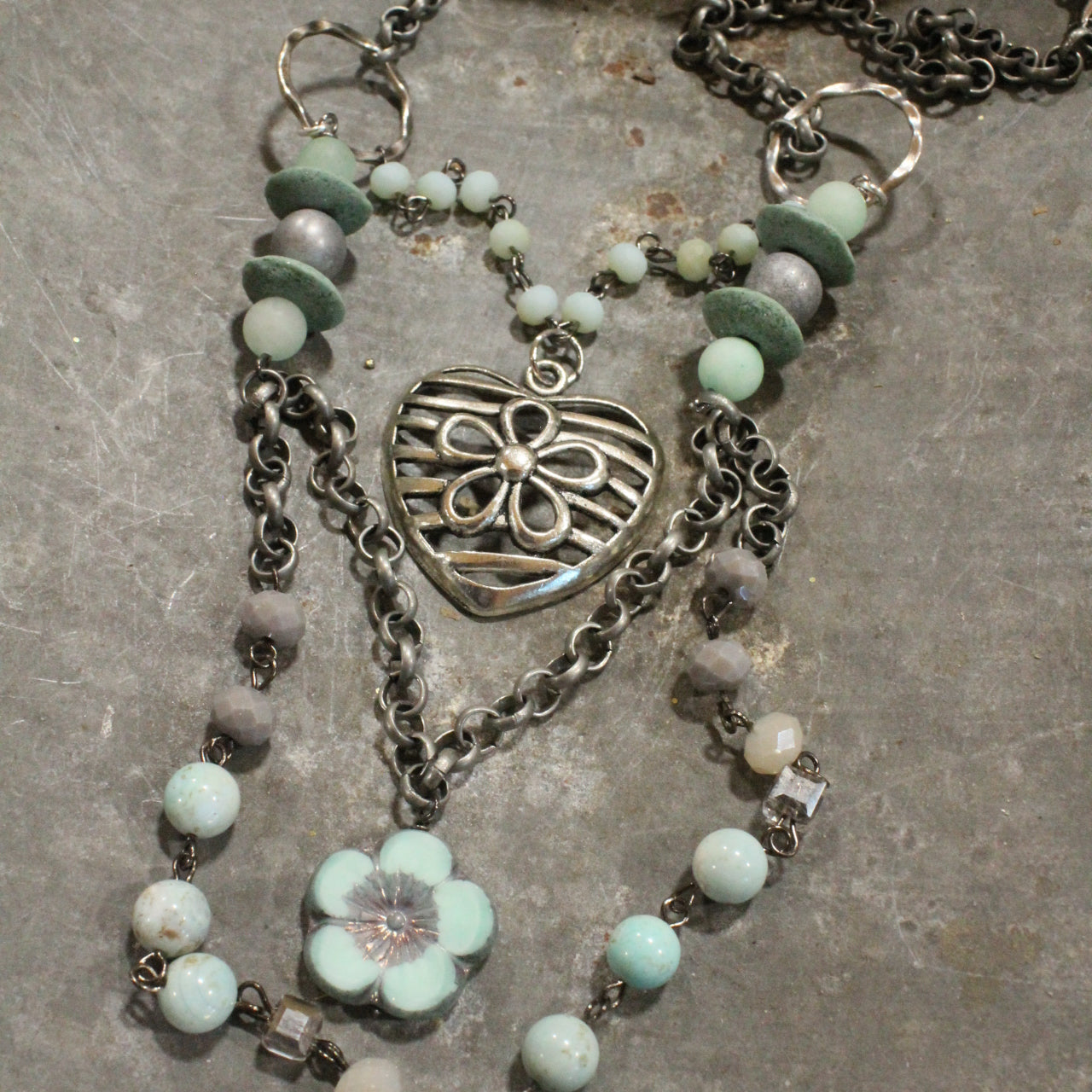 Platinum Heart Flower Pendant With Layers Of Mint Stone & Glass Czech Necklace