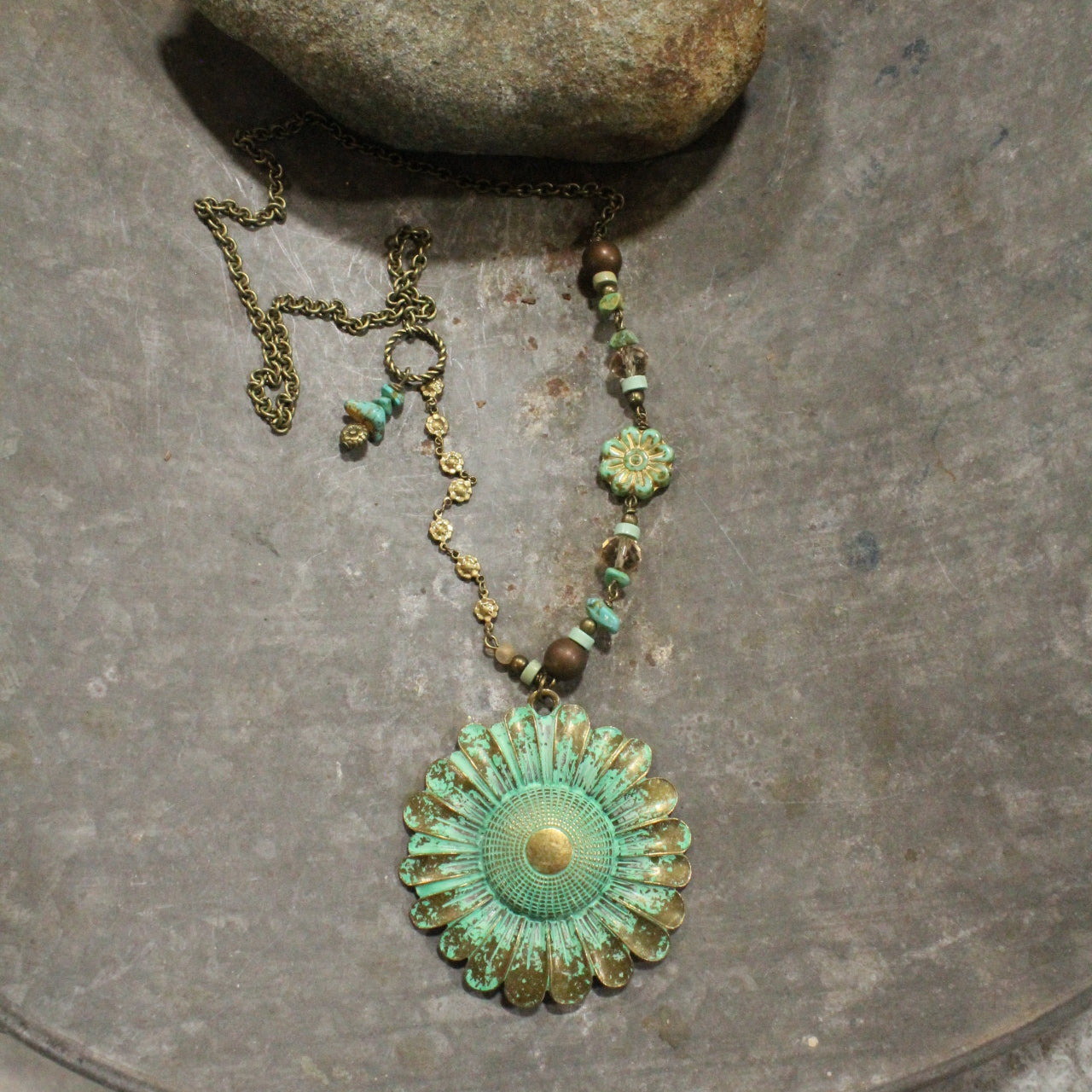 Vintage Verdigris Flower Pendant & Czech Glass Necklace