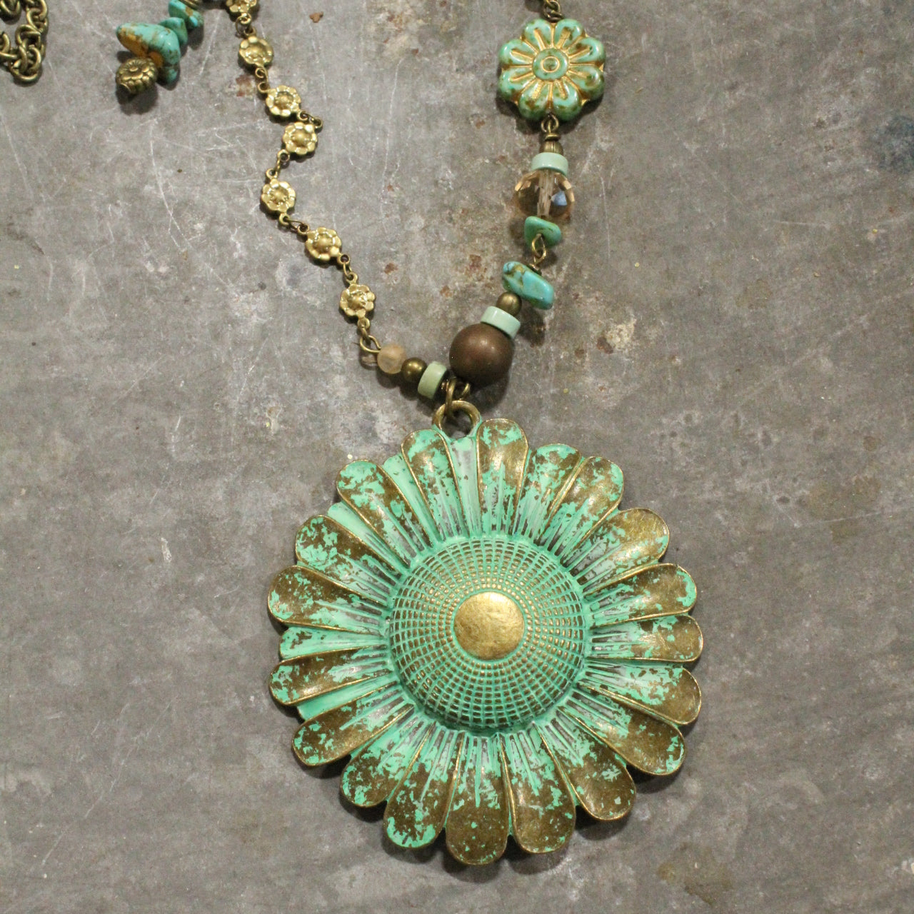 Vintage Verdigris Flower Pendant & Czech Glass Necklace