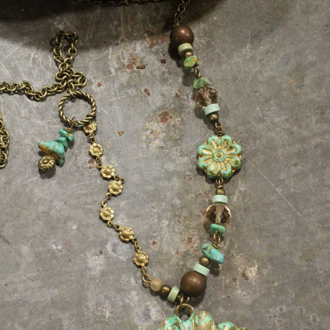 Vintage Verdigris Flower Pendant & Czech Glass Necklace