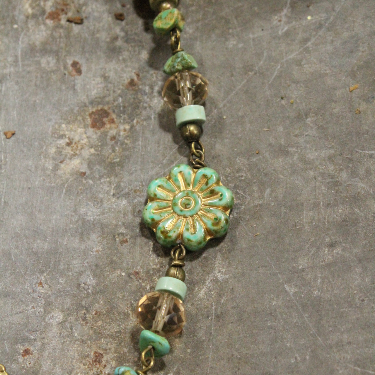 Vintage Verdigris Flower Pendant & Czech Glass Necklace