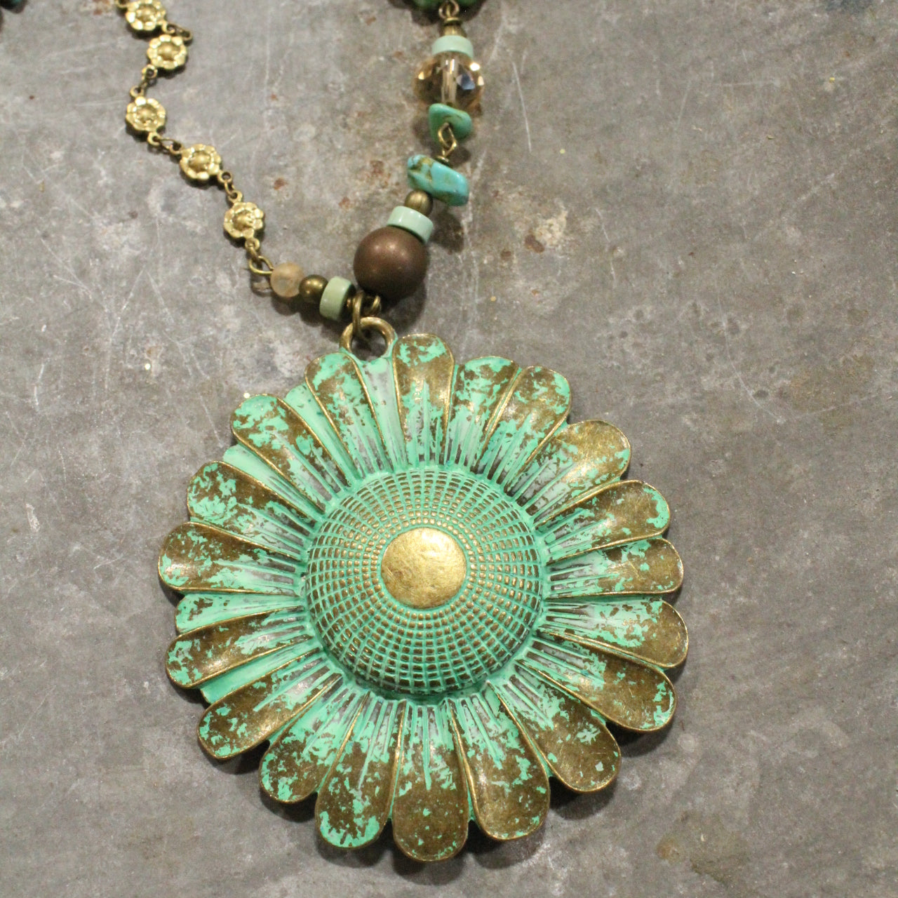 Vintage Verdigris Flower Pendant & Czech Glass Necklace