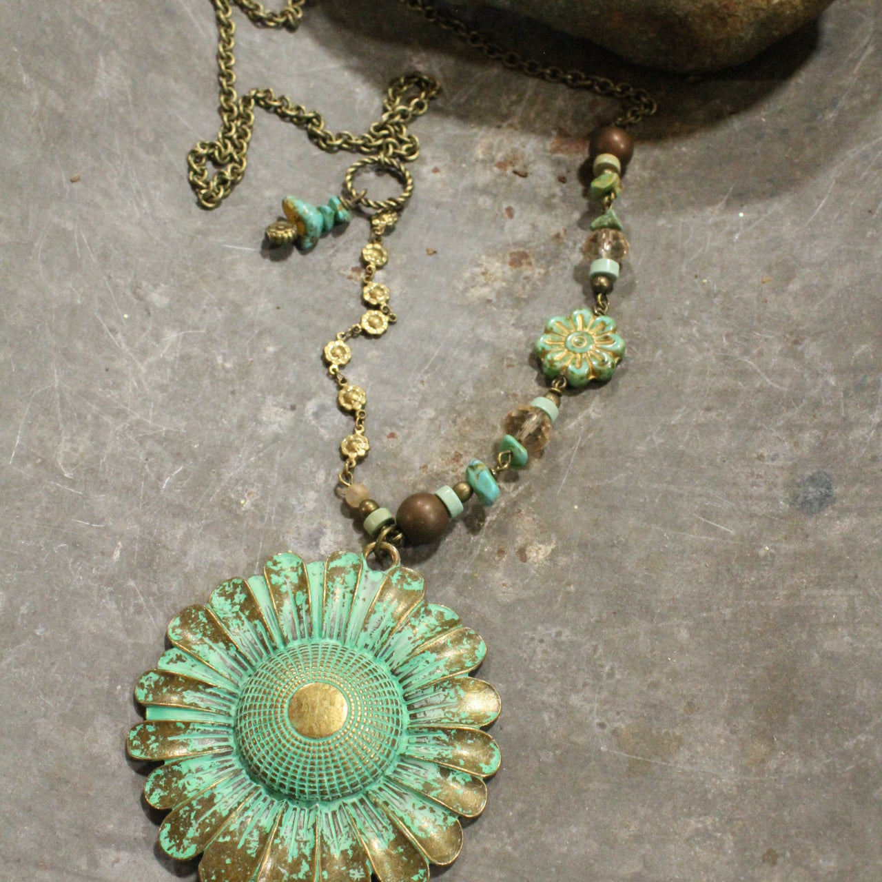 Vintage Verdigris Flower Pendant & Czech Glass Necklace