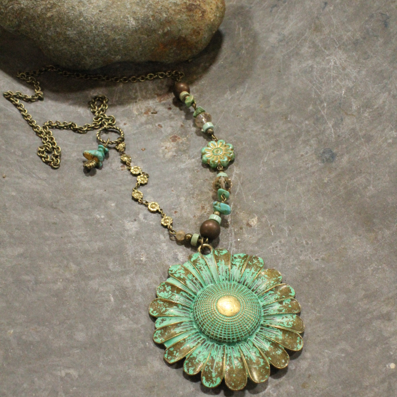 Vintage Verdigris Flower Pendant & Czech Glass Necklace