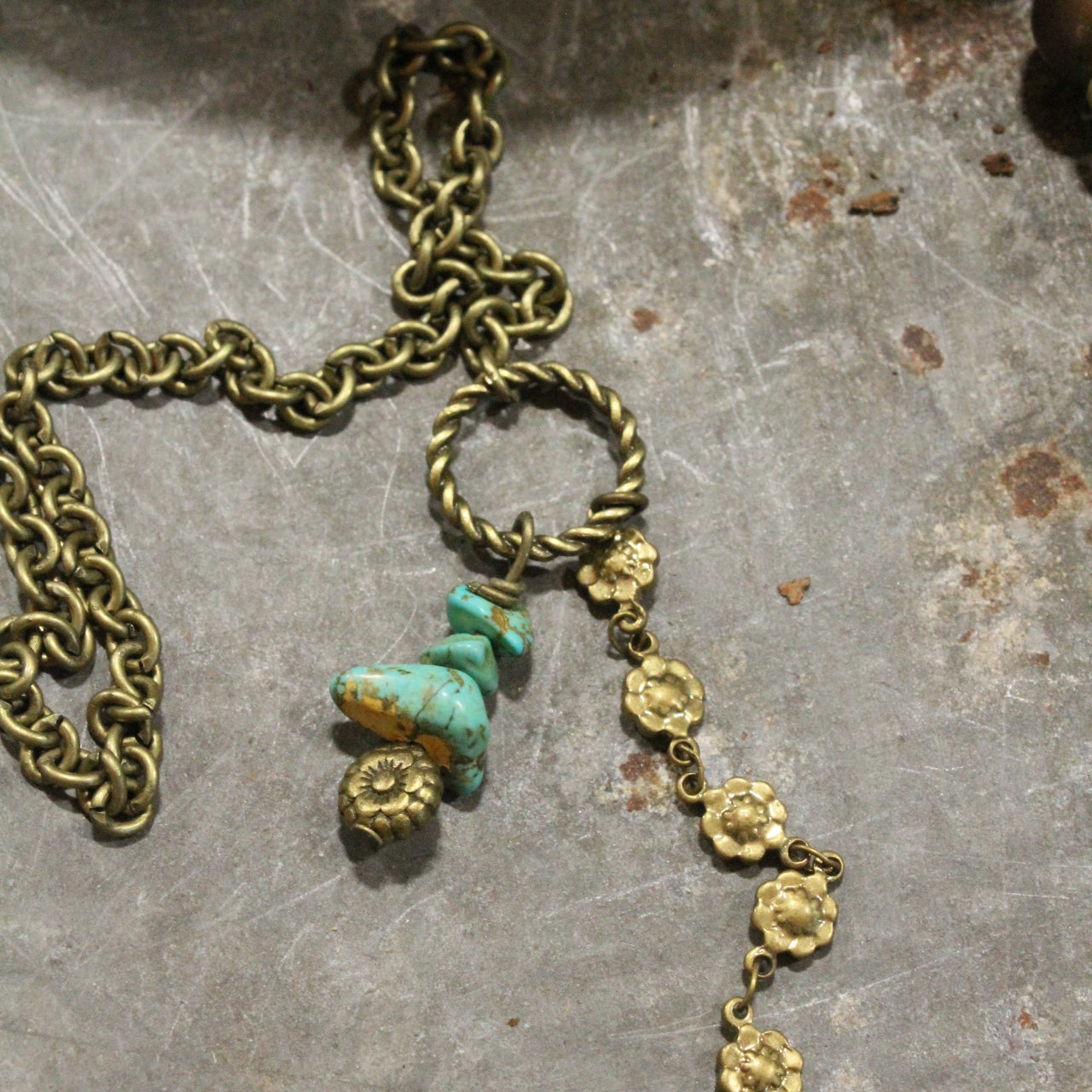 Vintage Verdigris Flower Pendant & Czech Glass Necklace