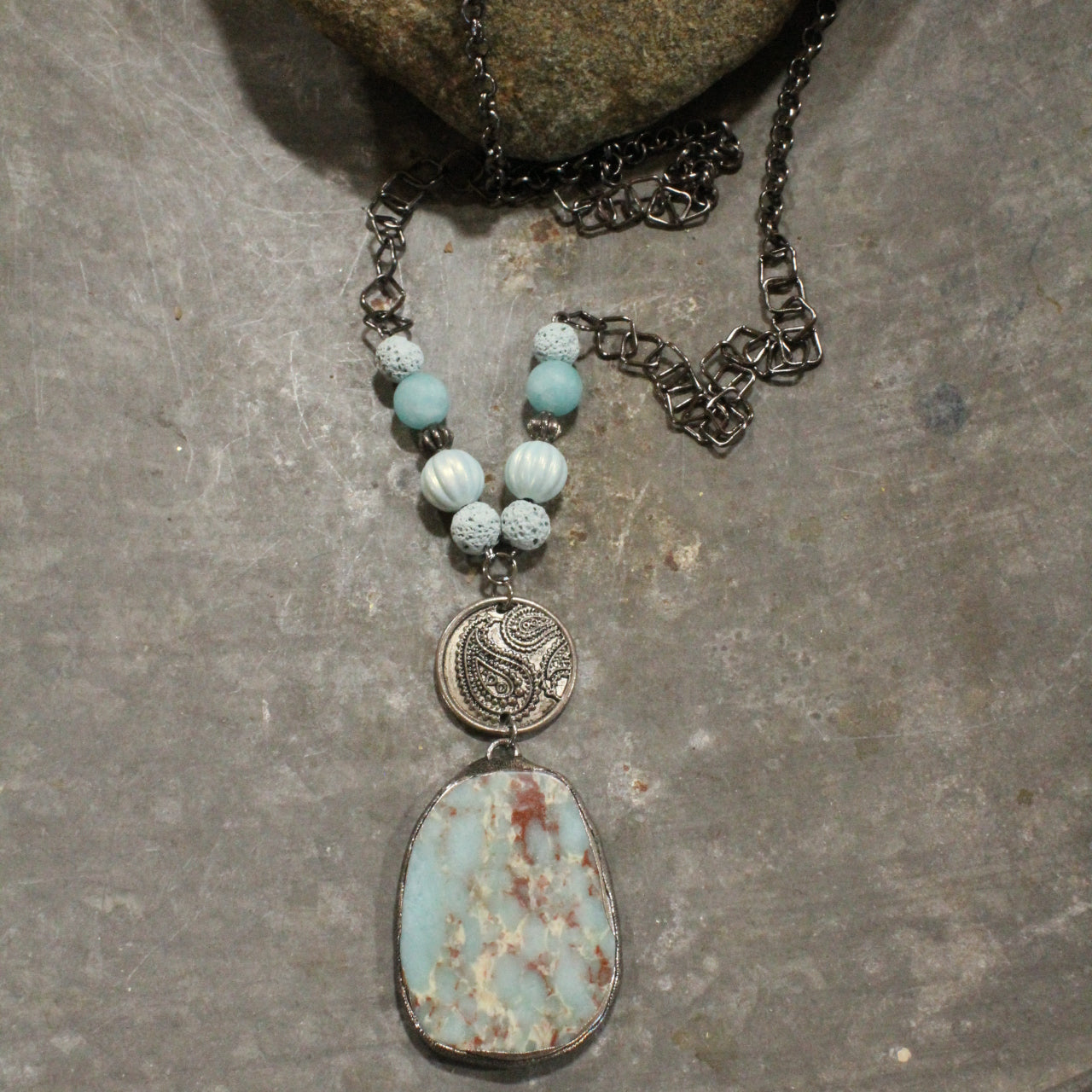 Vintage Bohemian Stone Drop Baby Blue Pendant Necklace