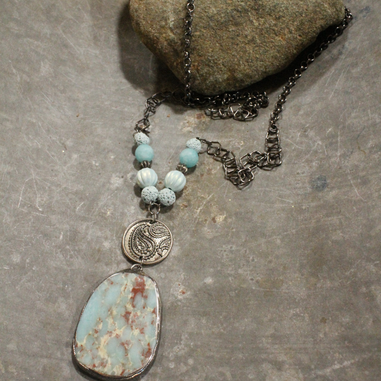 Vintage Bohemian Stone Drop Baby Blue Pendant Necklace