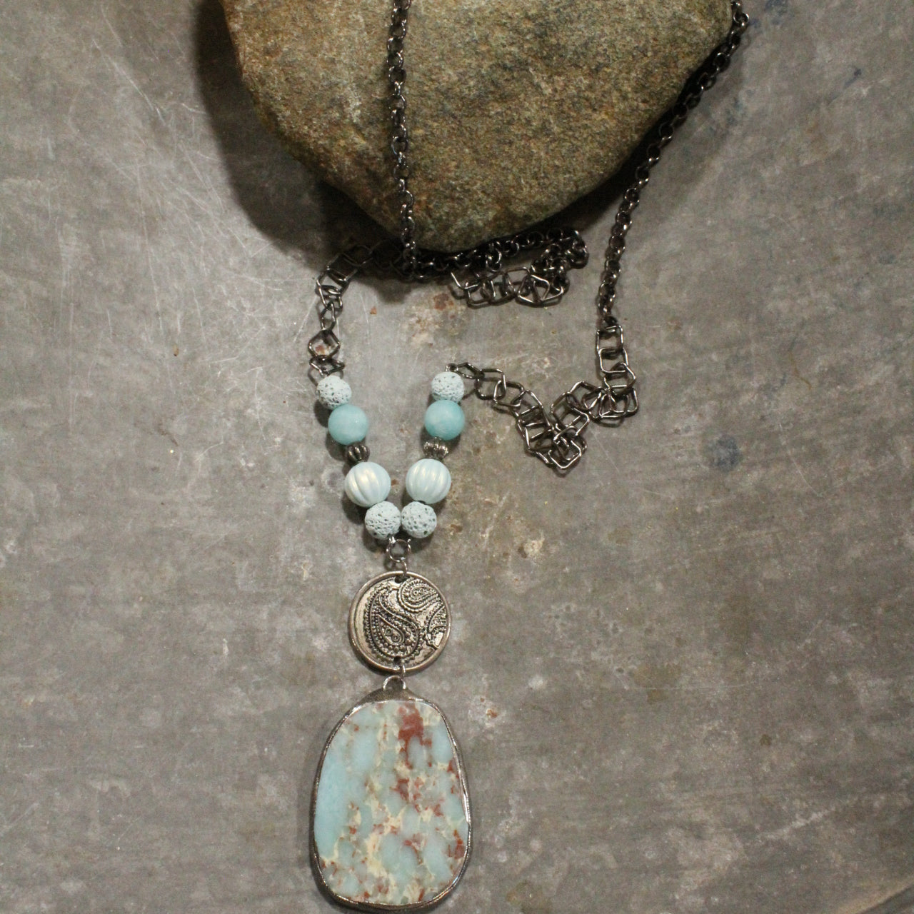 Vintage Bohemian Stone Drop Baby Blue Pendant Necklace