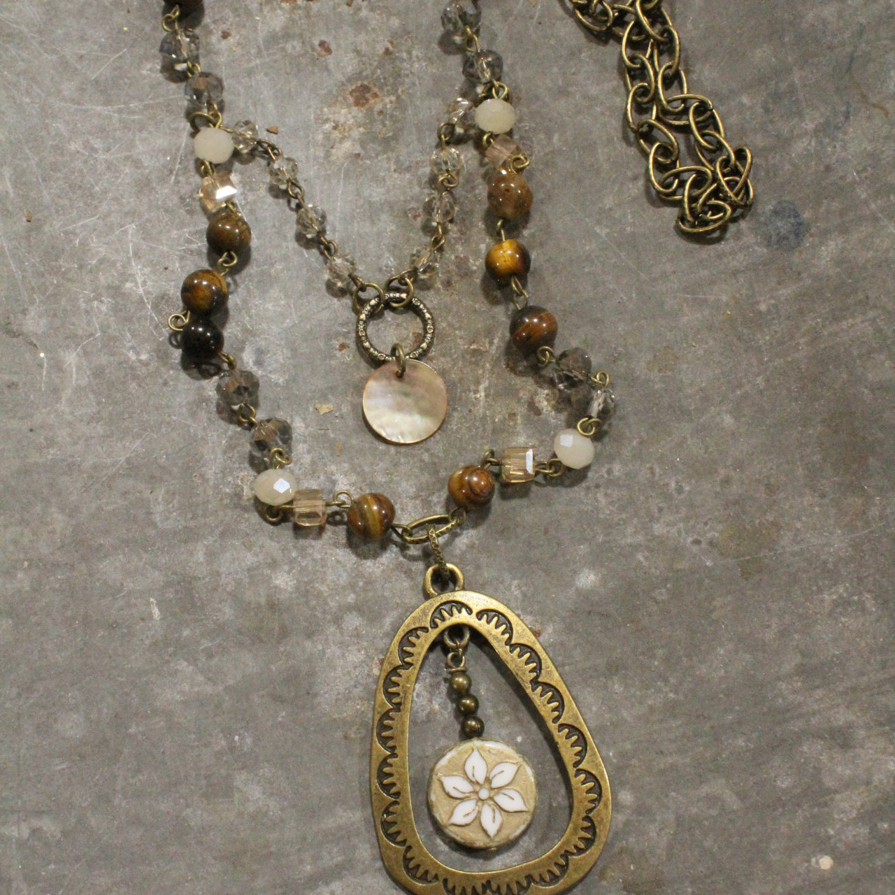 Bronze Rosary Chain & Czech Pendant Drop Layered Necklace