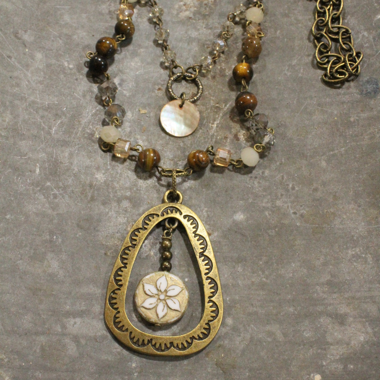 Bronze Rosary Chain & Czech Pendant Drop Layered Necklace