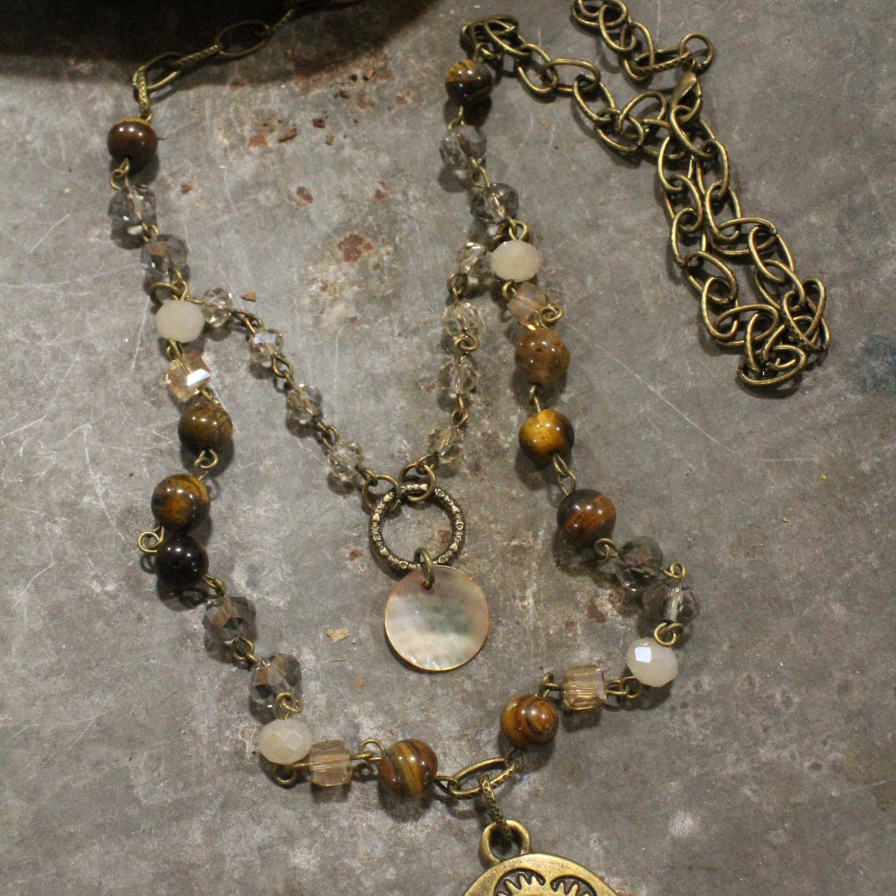 Bronze Rosary Chain & Czech Pendant Drop Layered Necklace