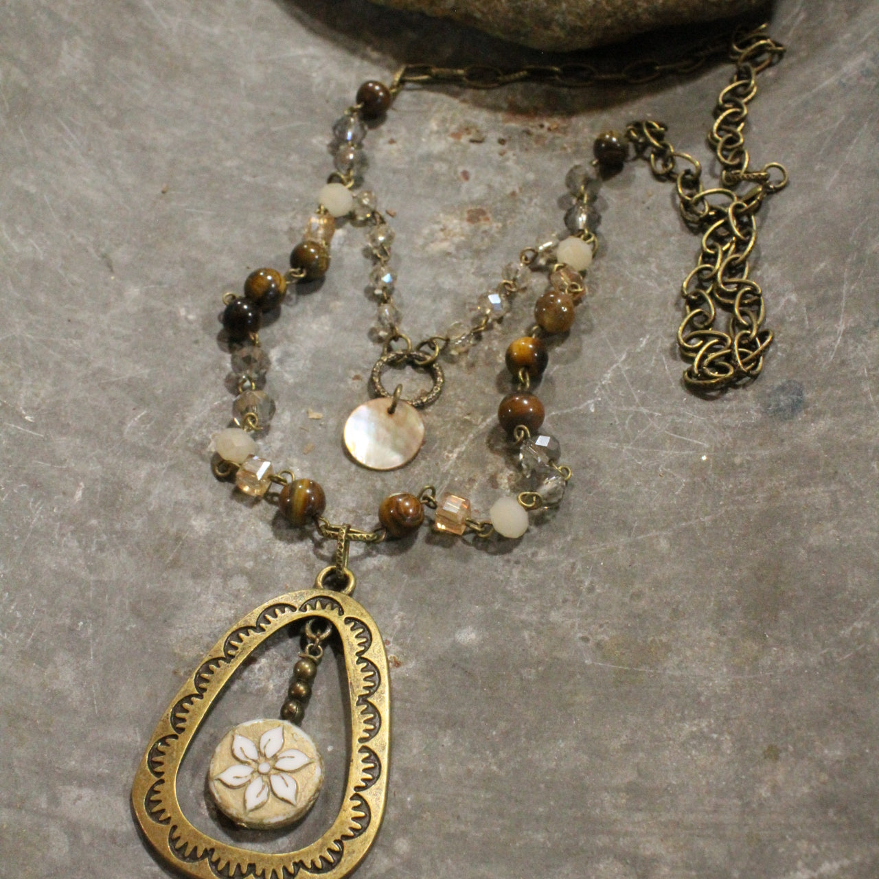 Bronze Rosary Chain & Czech Pendant Drop Layered Necklace