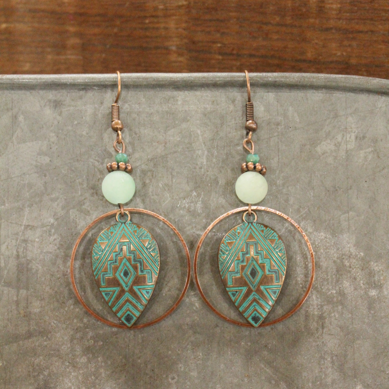 Patina & Copper Tribal Stone Drop Pendant Earrings