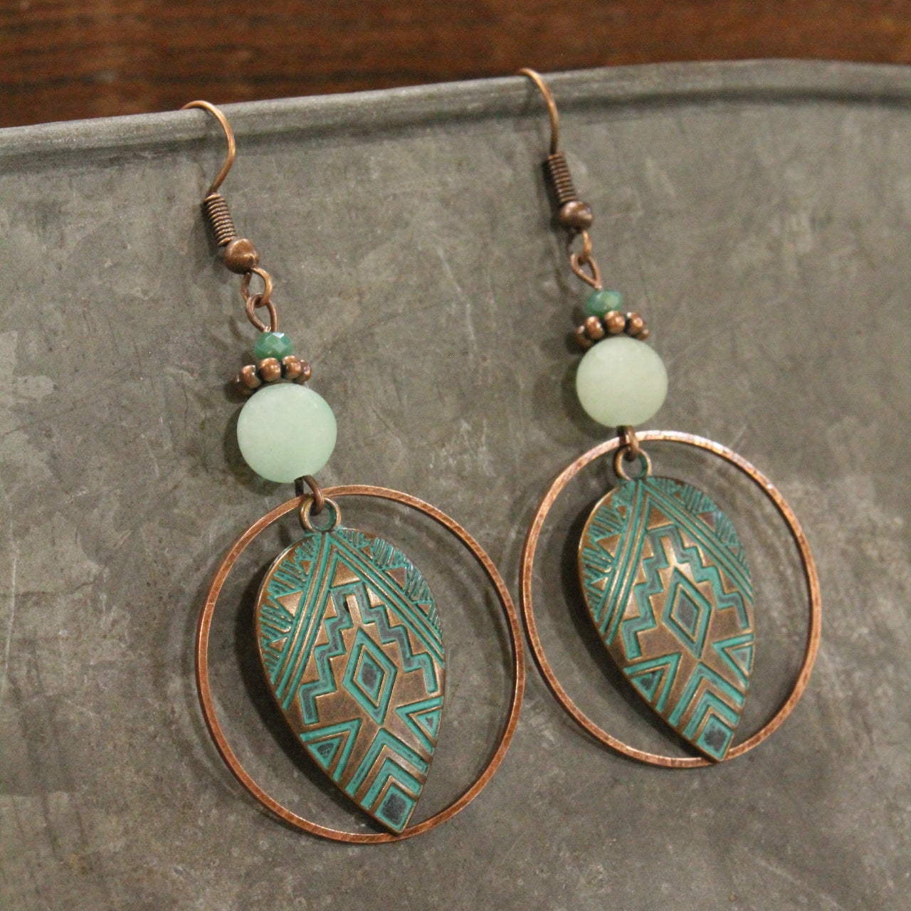 Patina & Copper Tribal Stone Drop Pendant Earrings