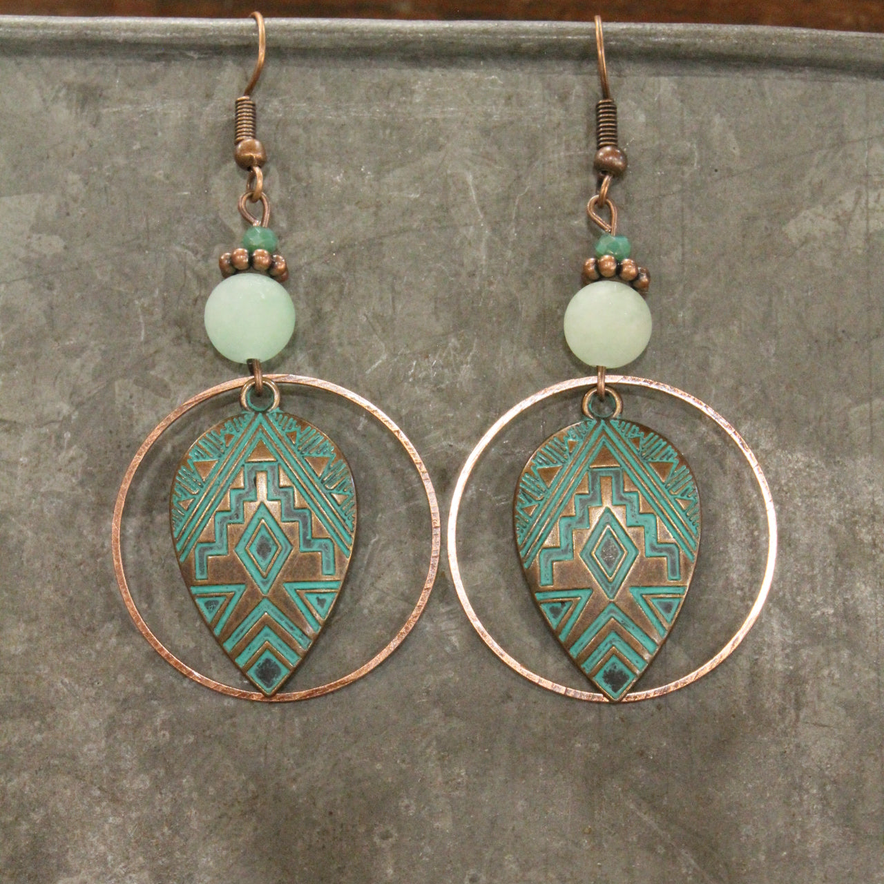 Patina & Copper Tribal Stone Drop Pendant Earrings