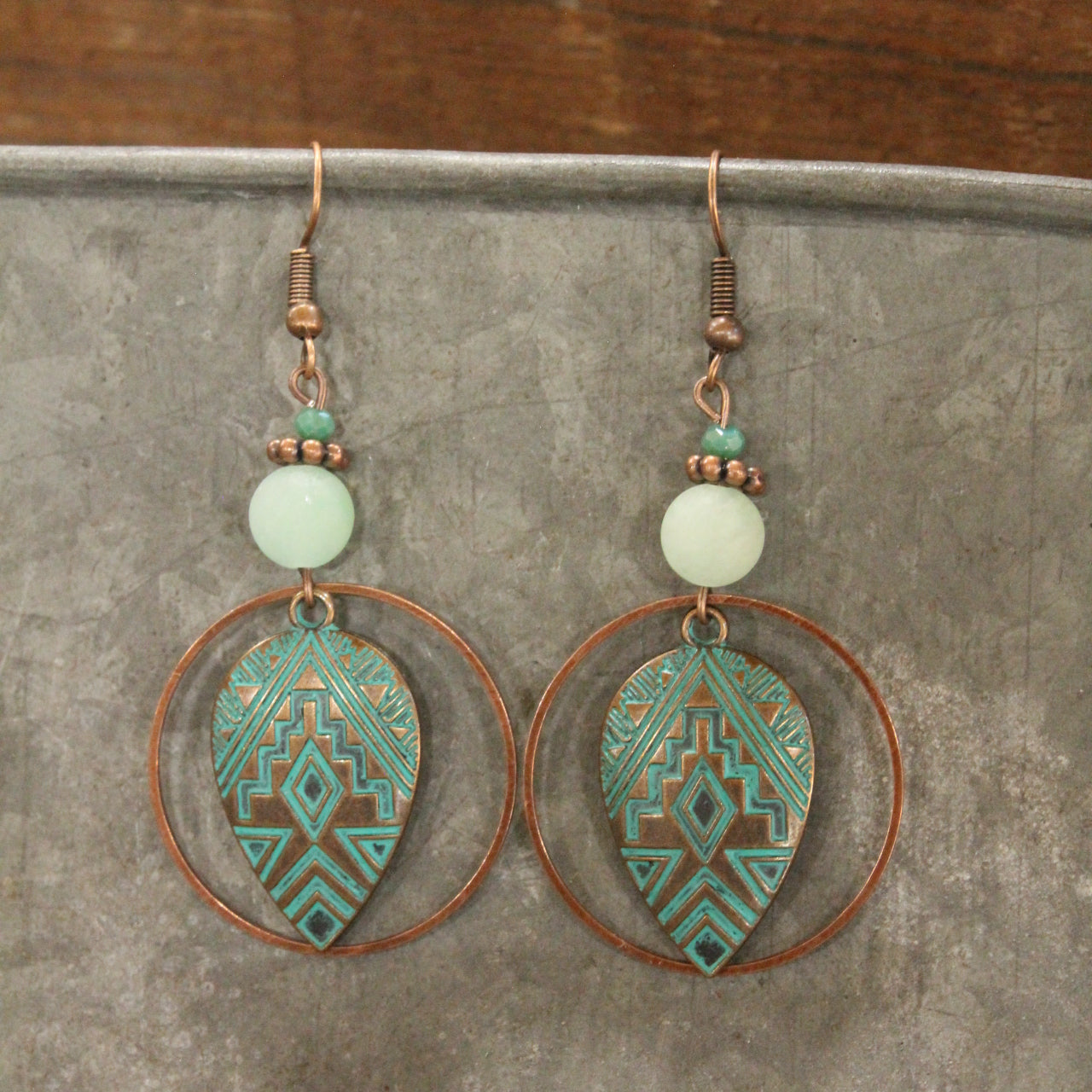 Patina & Copper Tribal Stone Drop Pendant Earrings