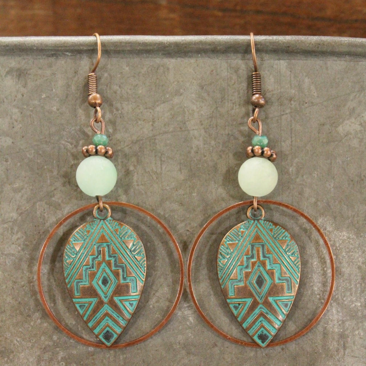 Patina & Copper Tribal Stone Drop Pendant Earrings