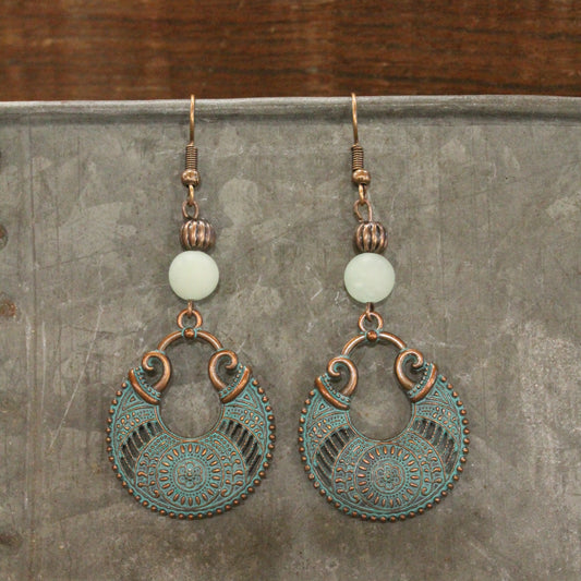 Antique Copper Filigree & Stone Drop Pendant Earrings