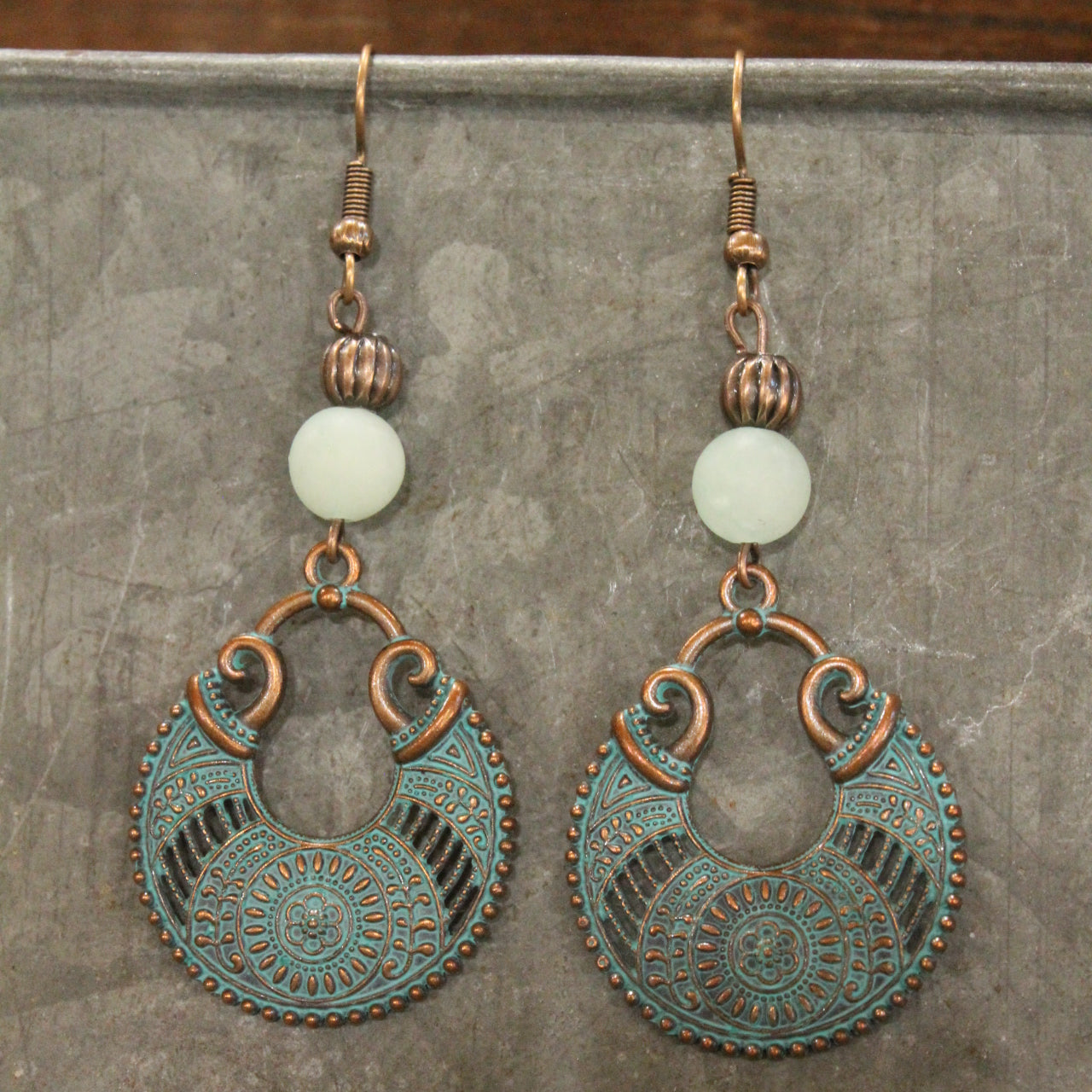 Antique Copper Filigree & Stone Drop Pendant Earrings