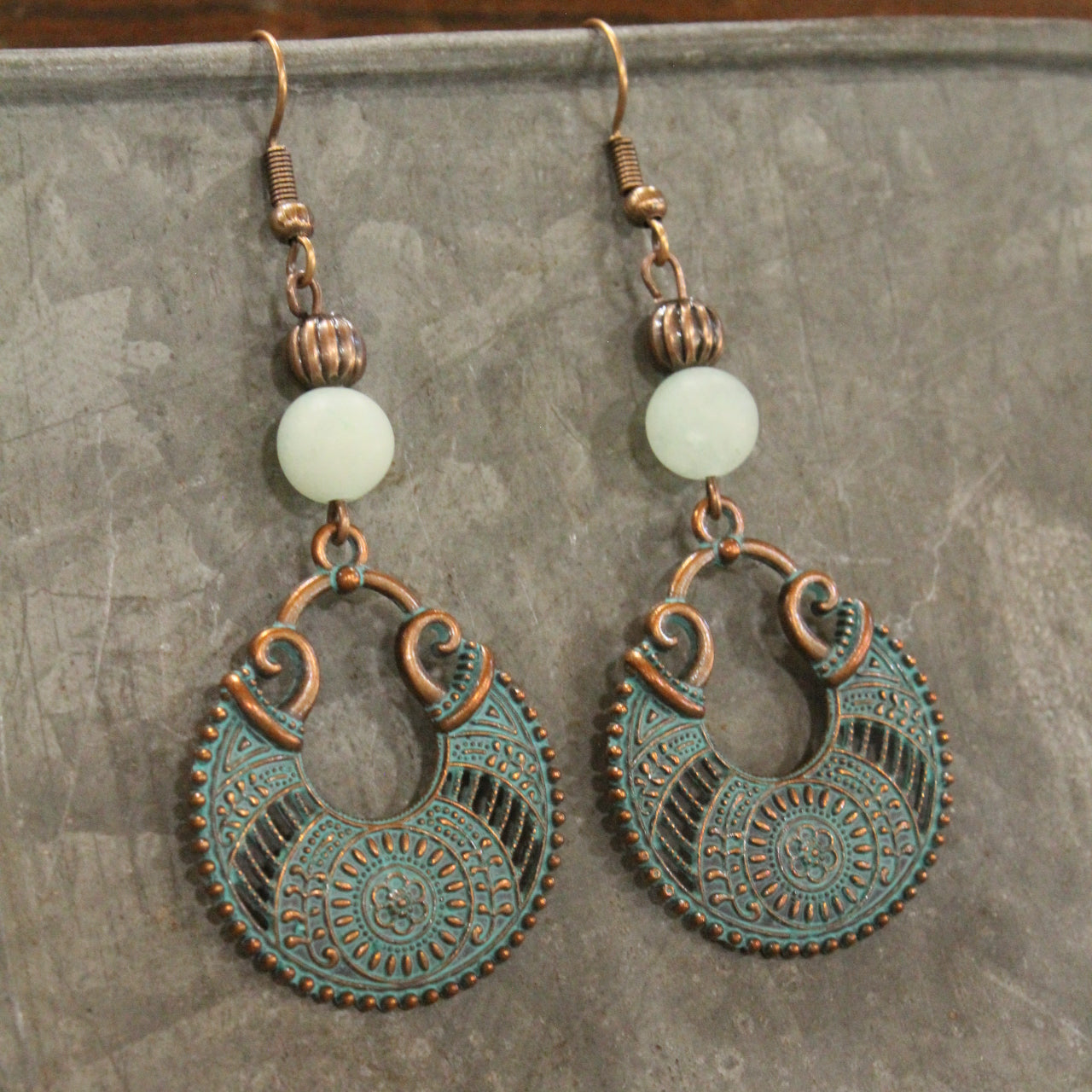 Antique Copper Filigree & Stone Drop Pendant Earrings