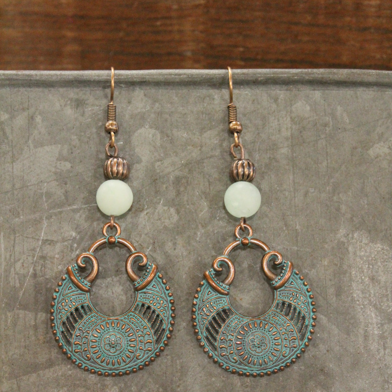 Antique Copper Filigree & Stone Drop Pendant Earrings