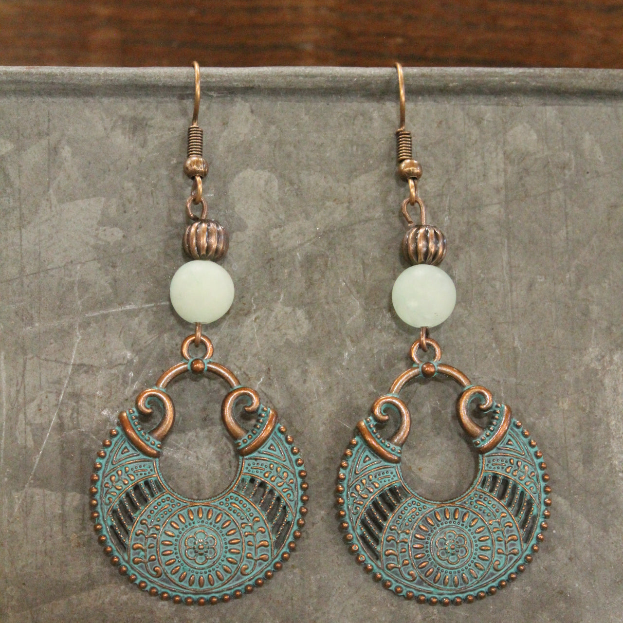 Antique Copper Filigree & Stone Drop Pendant Earrings