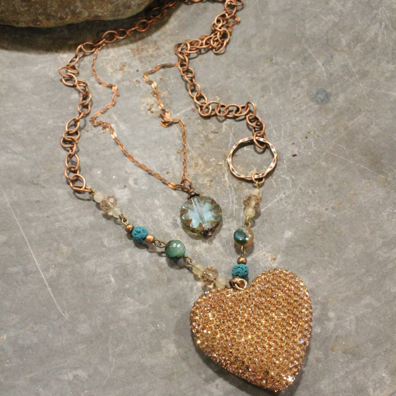 Sparkling Heart & Layers Of Blue Mint Czech Necklace