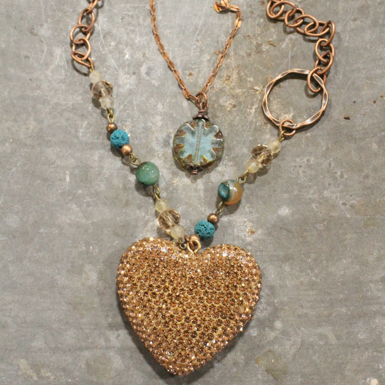 Sparkling Heart & Layers Of Blue Mint Czech Necklace