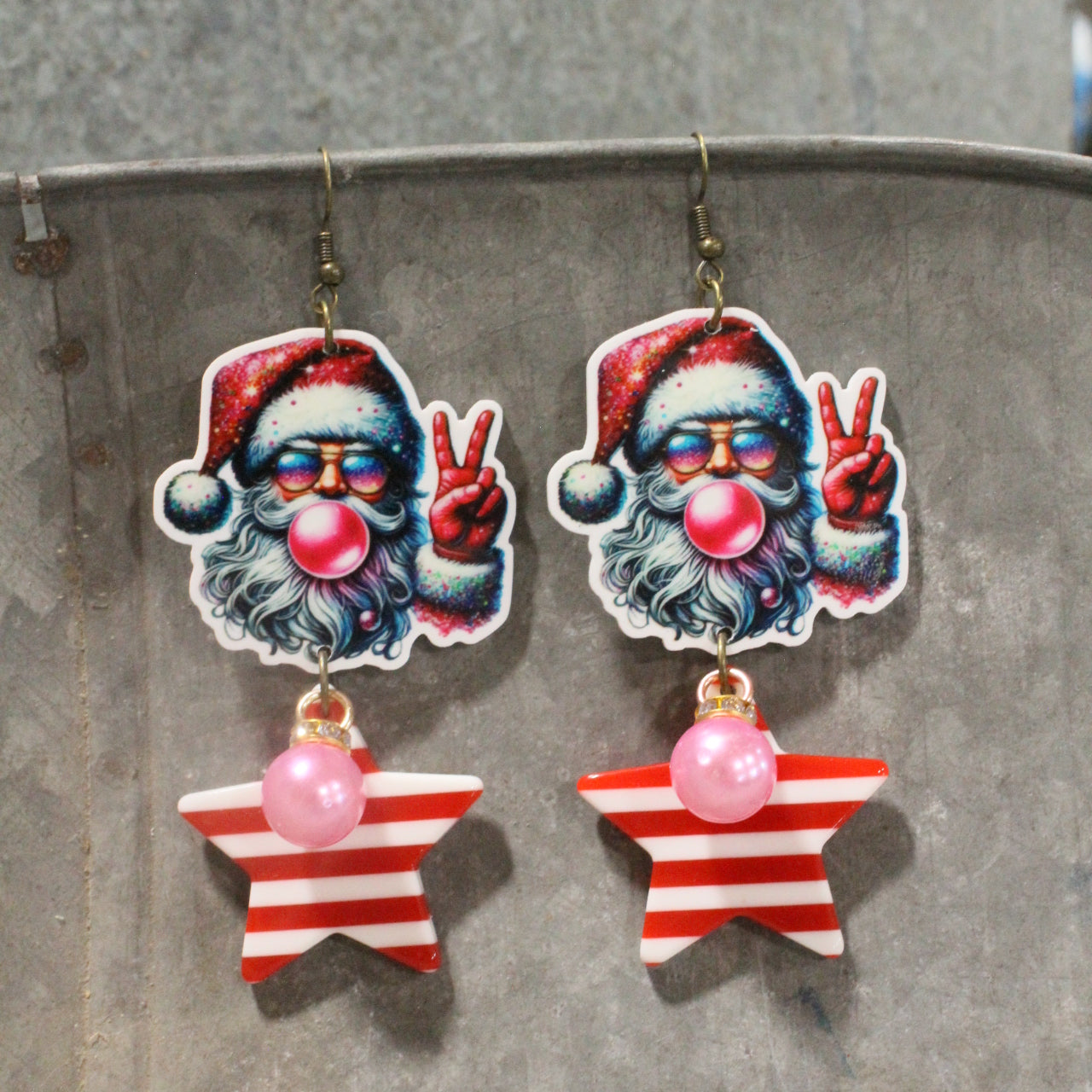 Groovy Bubble Gum Santa Dangle Earrings