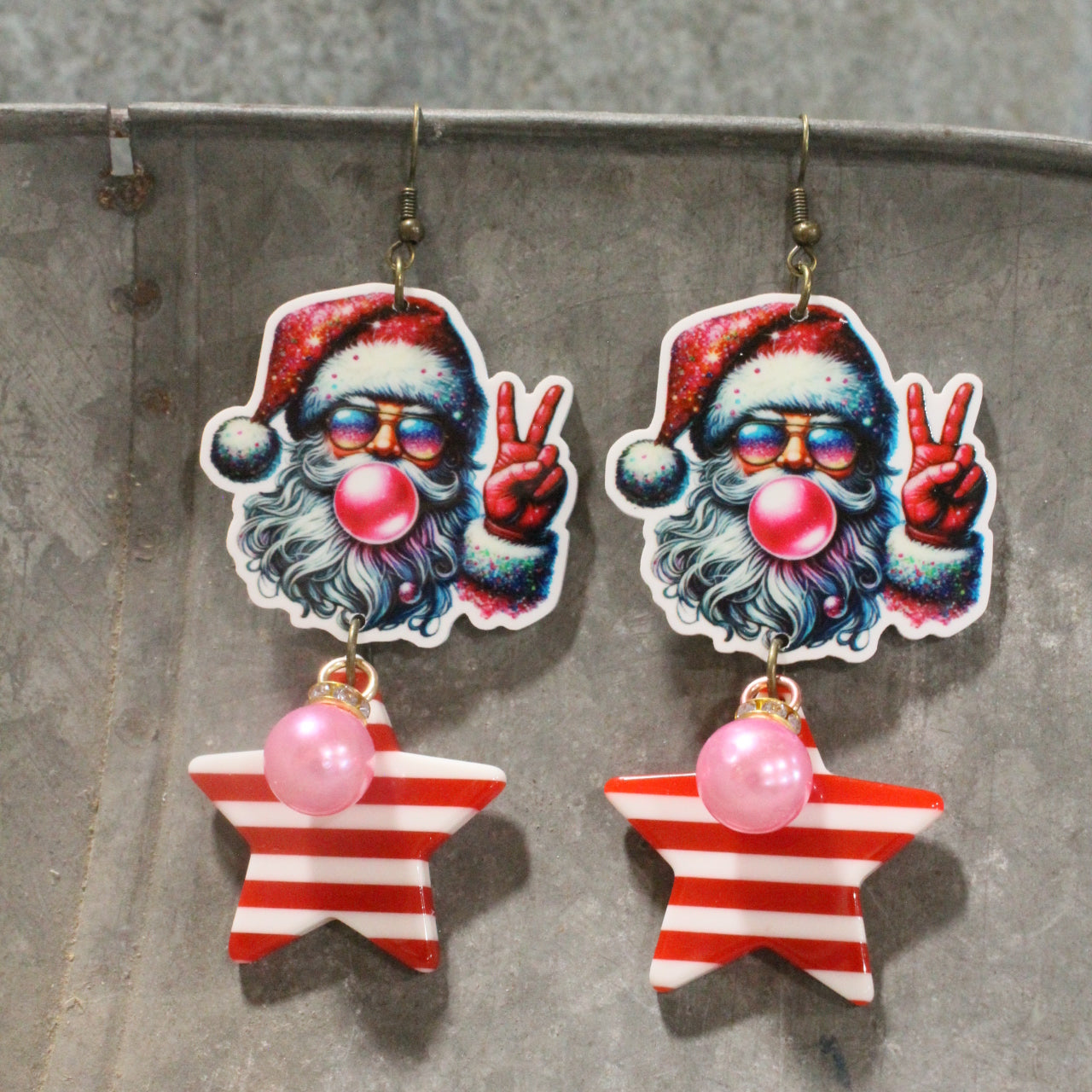 Groovy Bubble Gum Santa Dangle Earrings