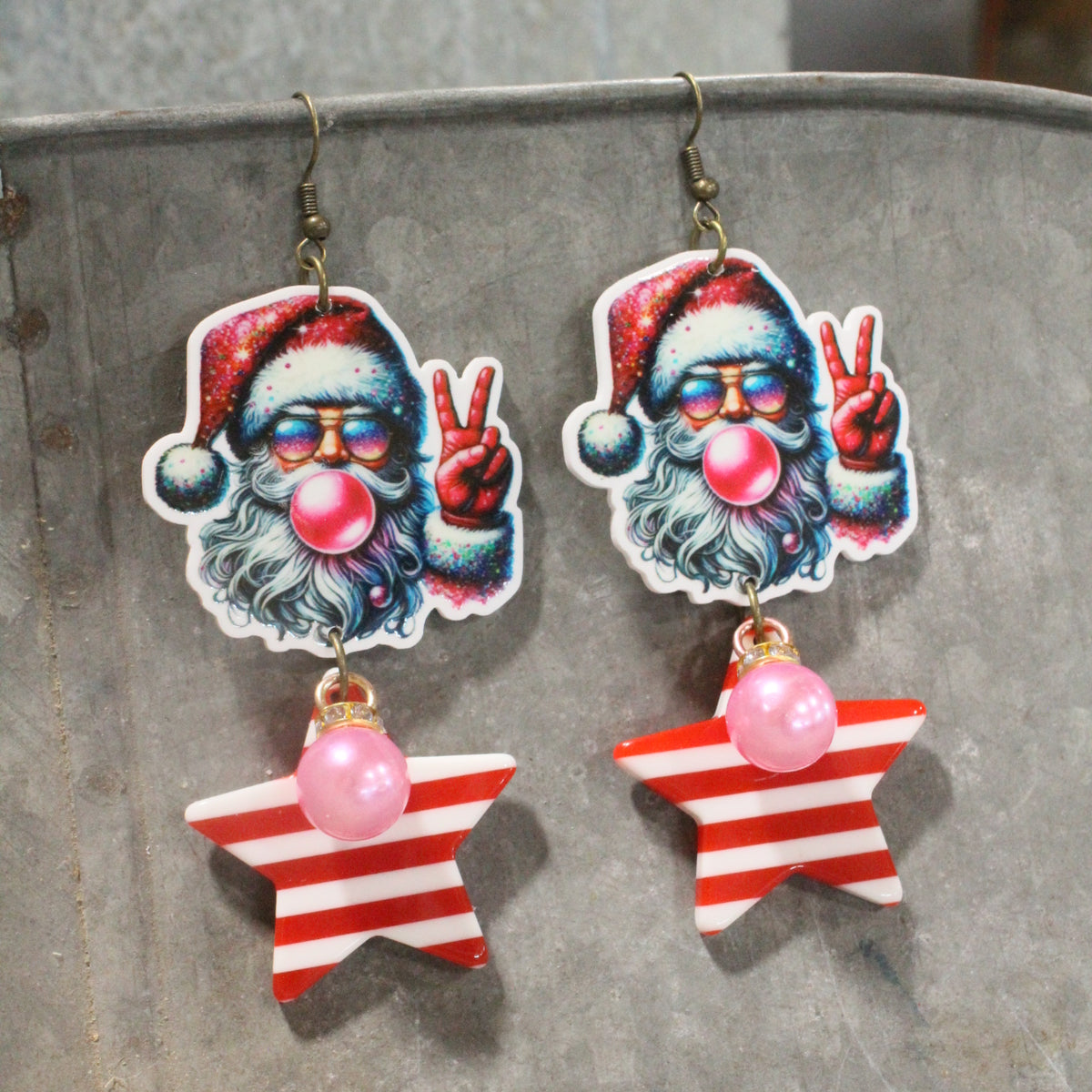 Groovy Bubble Gum Santa Dangle Earrings