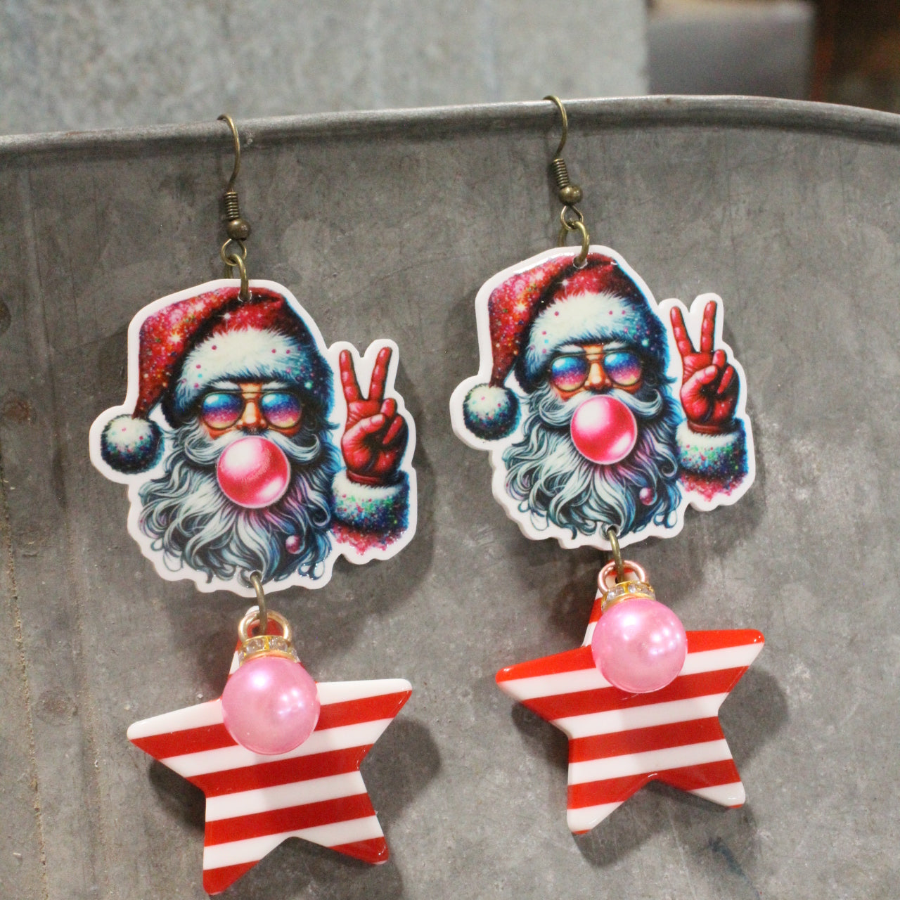Groovy Bubble Gum Santa Dangle Earrings