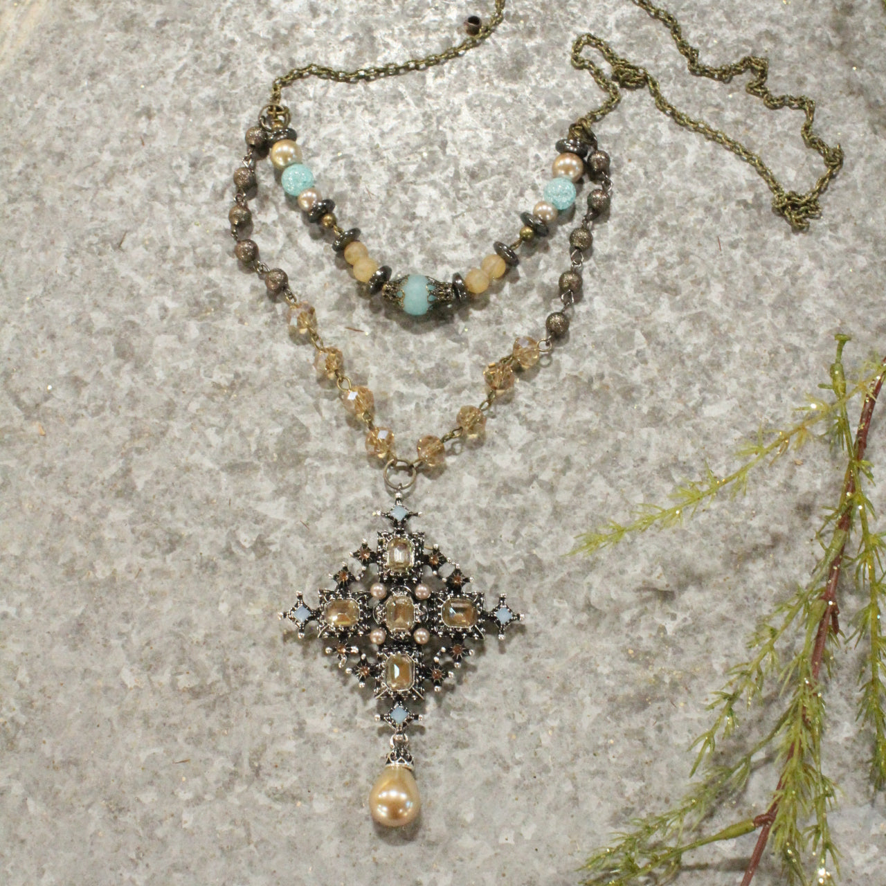 Classy Blue & Topaz Glass With Mixed Metals Layered Necklace