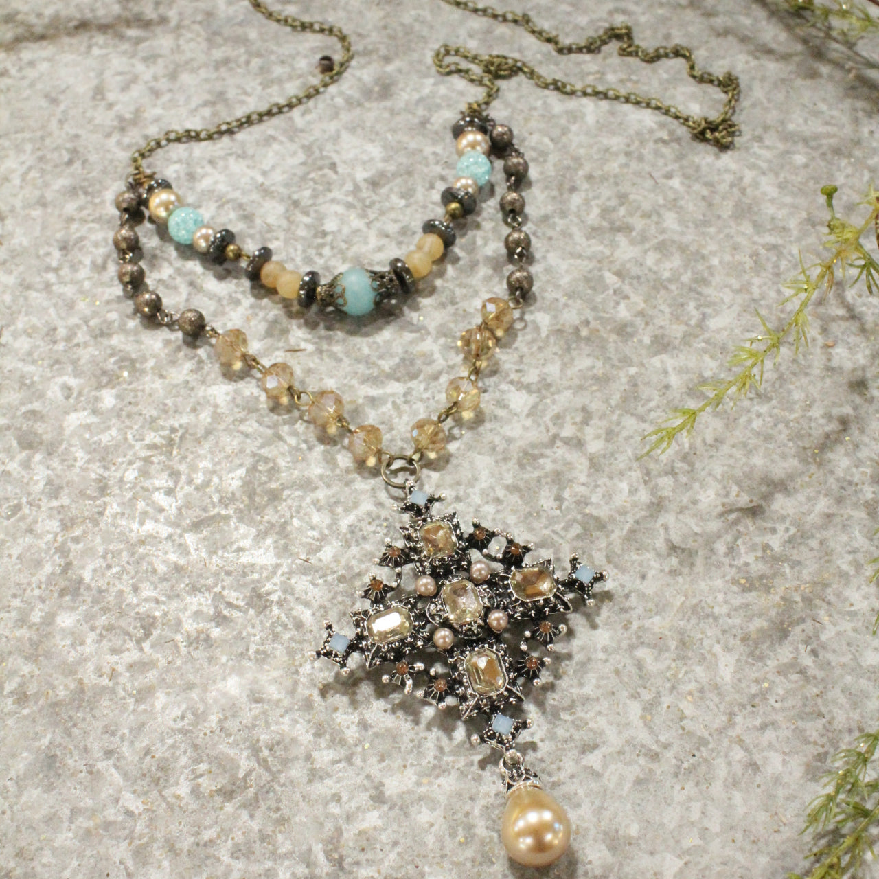 Classy Blue & Topaz Glass With Mixed Metals Layered Necklace