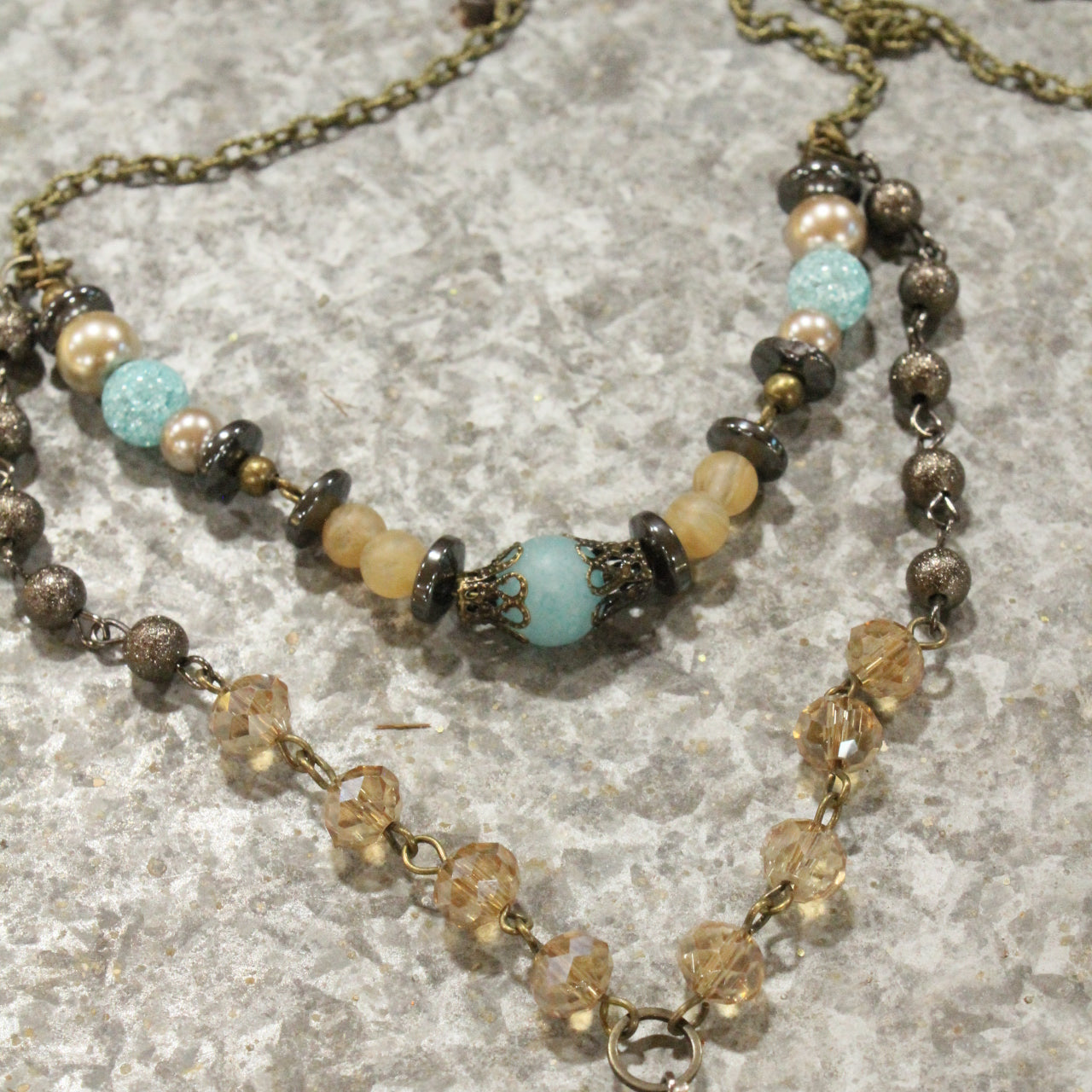 Classy Blue & Topaz Glass With Mixed Metals Layered Necklace